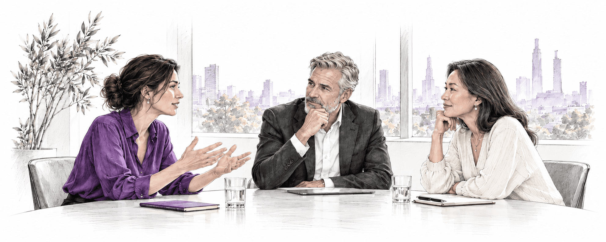 An editorial illustration of three experienced professionals exchanging ideas around a table